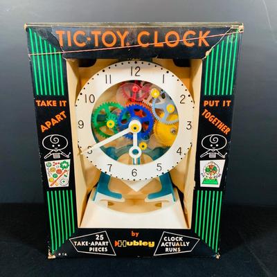 LOT 306: Hubley Toys Tic-Toy Clock Take Apart Clock Puzzle In Original Package and a Kay an EE Wood Weaving Loom In Original Box
