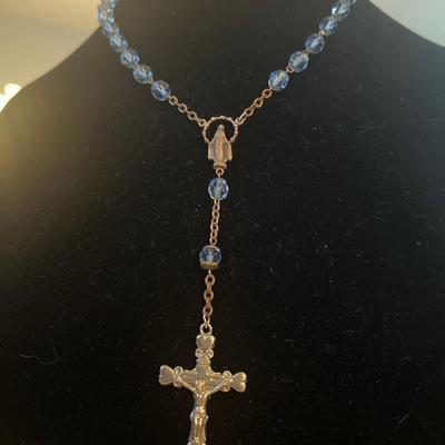 Blue and gold tone rosary beads