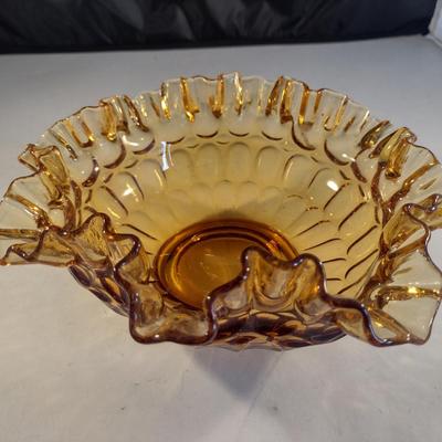 Thumbprint Ruffled Art Amber Glass Bowl- Possibly Fenton- Approx 7 3/4" in Diameter