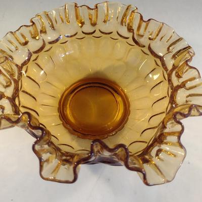 Thumbprint Ruffled Art Amber Glass Bowl- Possibly Fenton- Approx 7 3/4" in Diameter
