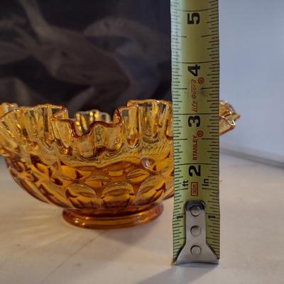 Thumbprint Ruffled Art Amber Glass Bowl- Possibly Fenton- Approx 7 3/4" in Diameter