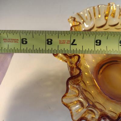 Thumbprint Ruffled Art Amber Glass Bowl- Possibly Fenton- Approx 7 3/4" in Diameter