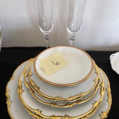 Gold Rimmed Dishes with 2 glasses