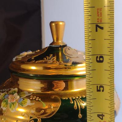 Hand Painted Bohemian Emerald Glass Candy Dish with Lid
