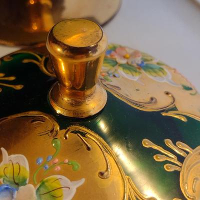Hand Painted Bohemian Emerald Glass Candy Dish with Lid