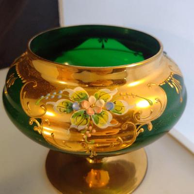 Hand Painted Bohemian Emerald Glass Candy Dish with Lid
