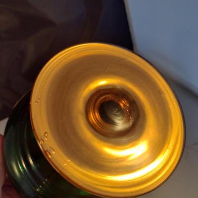 Hand Painted Bohemian Emerald Glass Candy Dish with Lid