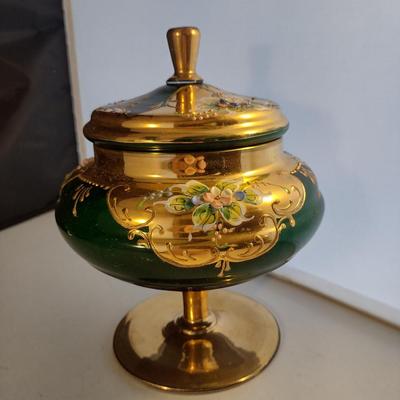 Hand Painted Bohemian Emerald Glass Candy Dish with Lid