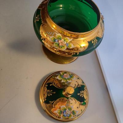 Hand Painted Bohemian Emerald Glass Candy Dish with Lid