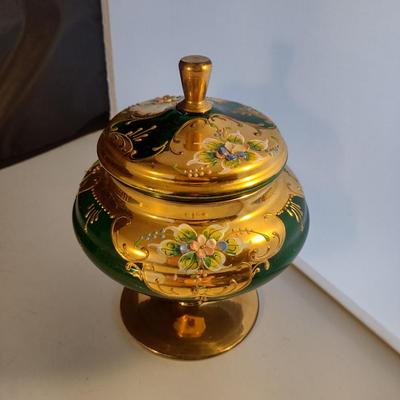 Hand Painted Bohemian Emerald Glass Candy Dish with Lid