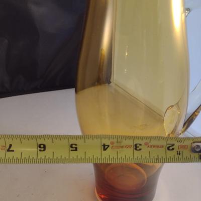 Amber Art Glass Pitcher with Applied Clear Glass Handle- Approx 10" Tall