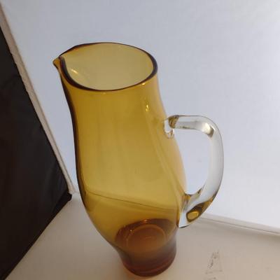 Amber Art Glass Pitcher with Applied Clear Glass Handle- Approx 10" Tall