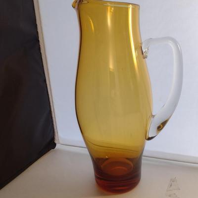 Amber Art Glass Pitcher with Applied Clear Glass Handle- Approx 10" Tall