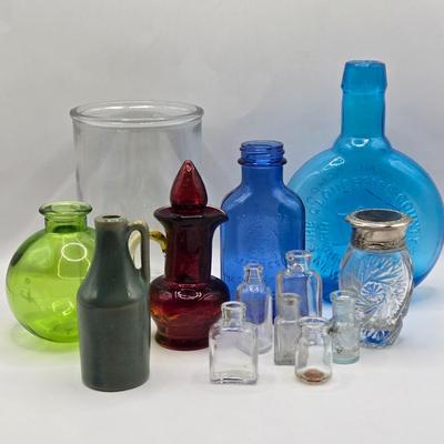 LOT 8L: Bottles, Miniature Bottles, Jar, Small Pitcher, Milk of Magnesia Bottle, and More