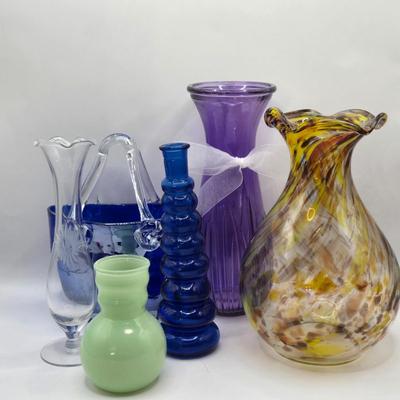 LOT 9L: Vases, Including Cobalt Blue Glass Stacked Bubble Bottle and More