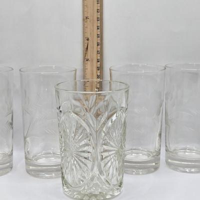 LOT 12L: Vintage Stretch Glass Fan Vase, Small Hand Blown Glass Goblets, Etched Glasses, and More