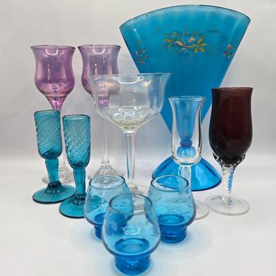 LOT 12L: Vintage Stretch Glass Fan Vase, Small Hand Blown Glass Goblets, Etched Glasses, and More