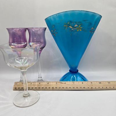 LOT 12L: Vintage Stretch Glass Fan Vase, Small Hand Blown Glass Goblets, Etched Glasses, and More