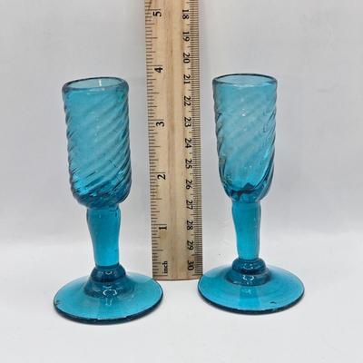 LOT 12L: Vintage Stretch Glass Fan Vase, Small Hand Blown Glass Goblets, Etched Glasses, and More