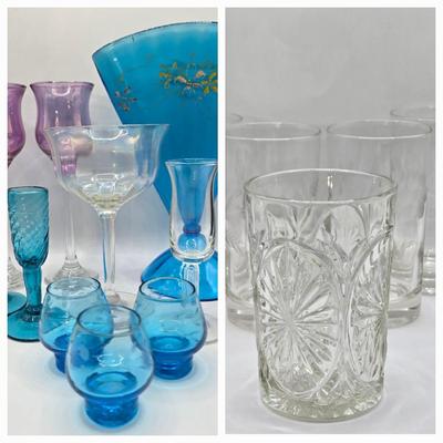 LOT 12L: Vintage Stretch Glass Fan Vase, Small Hand Blown Glass Goblets, Etched Glasses, and More