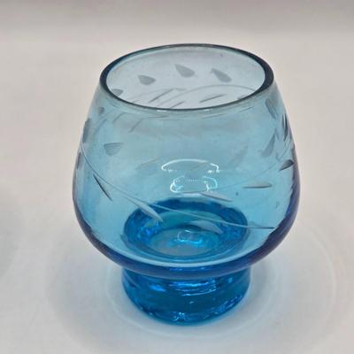 LOT 12L: Vintage Stretch Glass Fan Vase, Small Hand Blown Glass Goblets, Etched Glasses, and More