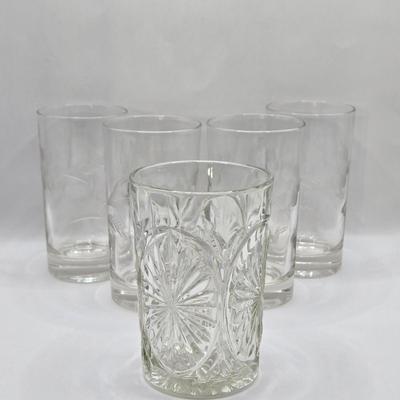 LOT 12L: Vintage Stretch Glass Fan Vase, Small Hand Blown Glass Goblets, Etched Glasses, and More