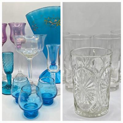 LOT 12L: Vintage Stretch Glass Fan Vase, Small Hand Blown Glass Goblets, Etched Glasses, and More