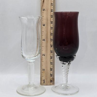 LOT 12L: Vintage Stretch Glass Fan Vase, Small Hand Blown Glass Goblets, Etched Glasses, and More