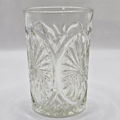 LOT 12L: Vintage Stretch Glass Fan Vase, Small Hand Blown Glass Goblets, Etched Glasses, and More