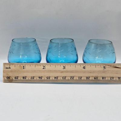 LOT 12L: Vintage Stretch Glass Fan Vase, Small Hand Blown Glass Goblets, Etched Glasses, and More