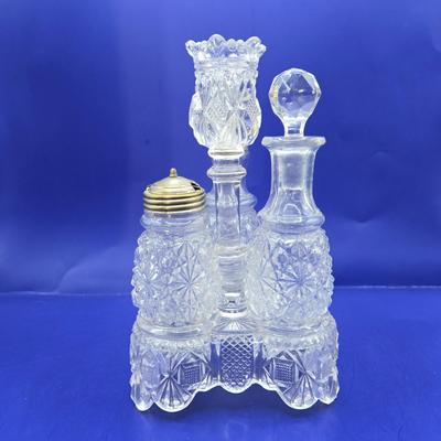 LOT 13L: Belmont Glass Condiment Set, Vintage Aluminum Shaker & Toothpick Holder Set and Salt/Pepper Shakers, Silver Plated Glass...