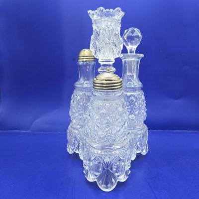 LOT 13L: Belmont Glass Condiment Set, Vintage Aluminum Shaker & Toothpick Holder Set and Salt/Pepper Shakers, Silver Plated Glass...