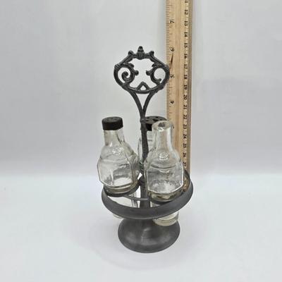 LOT 13L: Belmont Glass Condiment Set, Vintage Aluminum Shaker & Toothpick Holder Set and Salt/Pepper Shakers, Silver Plated Glass...
