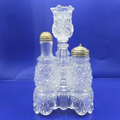 LOT 13L: Belmont Glass Condiment Set, Vintage Aluminum Shaker & Toothpick Holder Set and Salt/Pepper Shakers, Silver Plated Glass...