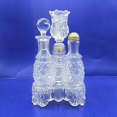 LOT 13L: Belmont Glass Condiment Set, Vintage Aluminum Shaker & Toothpick Holder Set and Salt/Pepper Shakers, Silver Plated Glass...