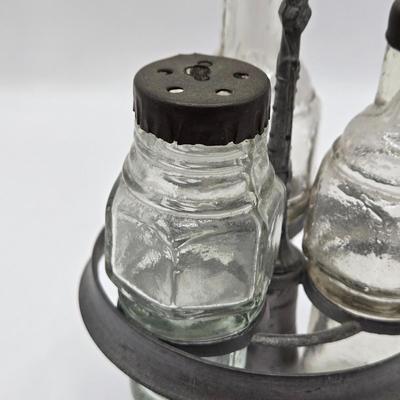 LOT 13L: Belmont Glass Condiment Set, Vintage Aluminum Shaker & Toothpick Holder Set and Salt/Pepper Shakers, Silver Plated Glass...
