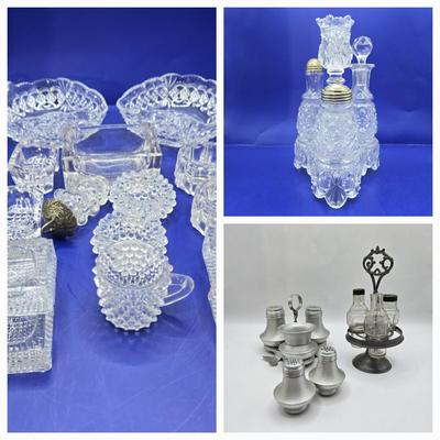 LOT 13L: Belmont Glass Condiment Set, Vintage Aluminum Shaker & Toothpick Holder Set and Salt/Pepper Shakers, Silver Plated Glass...