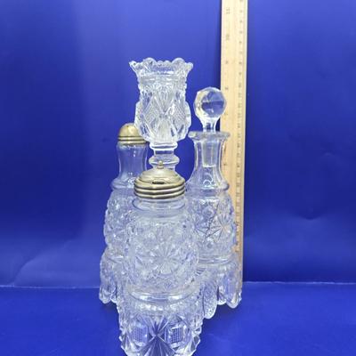 LOT 13L: Belmont Glass Condiment Set, Vintage Aluminum Shaker & Toothpick Holder Set and Salt/Pepper Shakers, Silver Plated Glass...