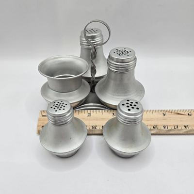 LOT 13L: Belmont Glass Condiment Set, Vintage Aluminum Shaker & Toothpick Holder Set and Salt/Pepper Shakers, Silver Plated Glass...