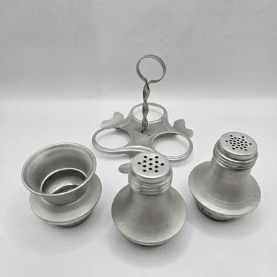 LOT 13L: Belmont Glass Condiment Set, Vintage Aluminum Shaker & Toothpick Holder Set and Salt/Pepper Shakers, Silver Plated Glass...