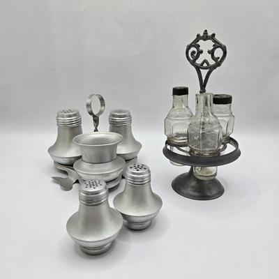 LOT 13L: Belmont Glass Condiment Set, Vintage Aluminum Shaker & Toothpick Holder Set and Salt/Pepper Shakers, Silver Plated Glass...