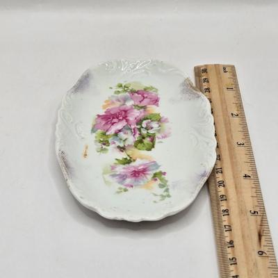 LOT 14L: Stop and Smell the Roses. Pink Depression Glass Candy Dish, Porcelain Rose Basket, Small Trinket Dishes From Prussia, Austria,...