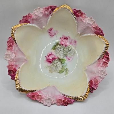 LOT 14L: Stop and Smell the Roses. Pink Depression Glass Candy Dish, Porcelain Rose Basket, Small Trinket Dishes From Prussia, Austria,...