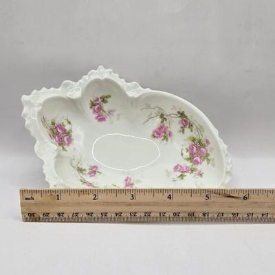 LOT 14L: Stop and Smell the Roses. Pink Depression Glass Candy Dish, Porcelain Rose Basket, Small Trinket Dishes From Prussia, Austria,...