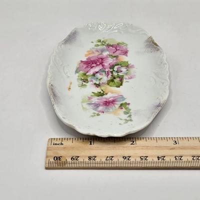 LOT 14L: Stop and Smell the Roses. Pink Depression Glass Candy Dish, Porcelain Rose Basket, Small Trinket Dishes From Prussia, Austria,...