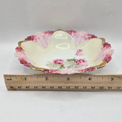 LOT 14L: Stop and Smell the Roses. Pink Depression Glass Candy Dish, Porcelain Rose Basket, Small Trinket Dishes From Prussia, Austria,...