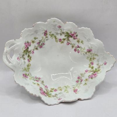 LOT 14L: Stop and Smell the Roses. Pink Depression Glass Candy Dish, Porcelain Rose Basket, Small Trinket Dishes From Prussia, Austria,...
