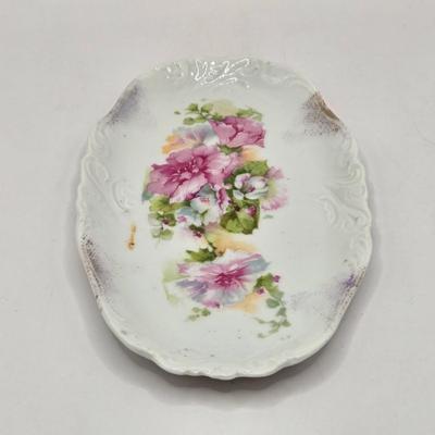 LOT 14L: Stop and Smell the Roses. Pink Depression Glass Candy Dish, Porcelain Rose Basket, Small Trinket Dishes From Prussia, Austria,...