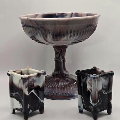 LOT 16L: Purple Slag Glass Pedestal Bowl and Two Spill Vases
