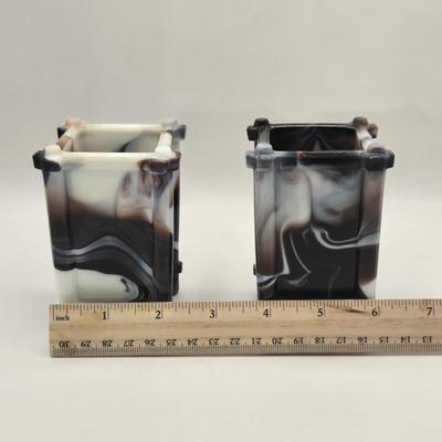 LOT 16L: Purple Slag Glass Pedestal Bowl and Two Spill Vases